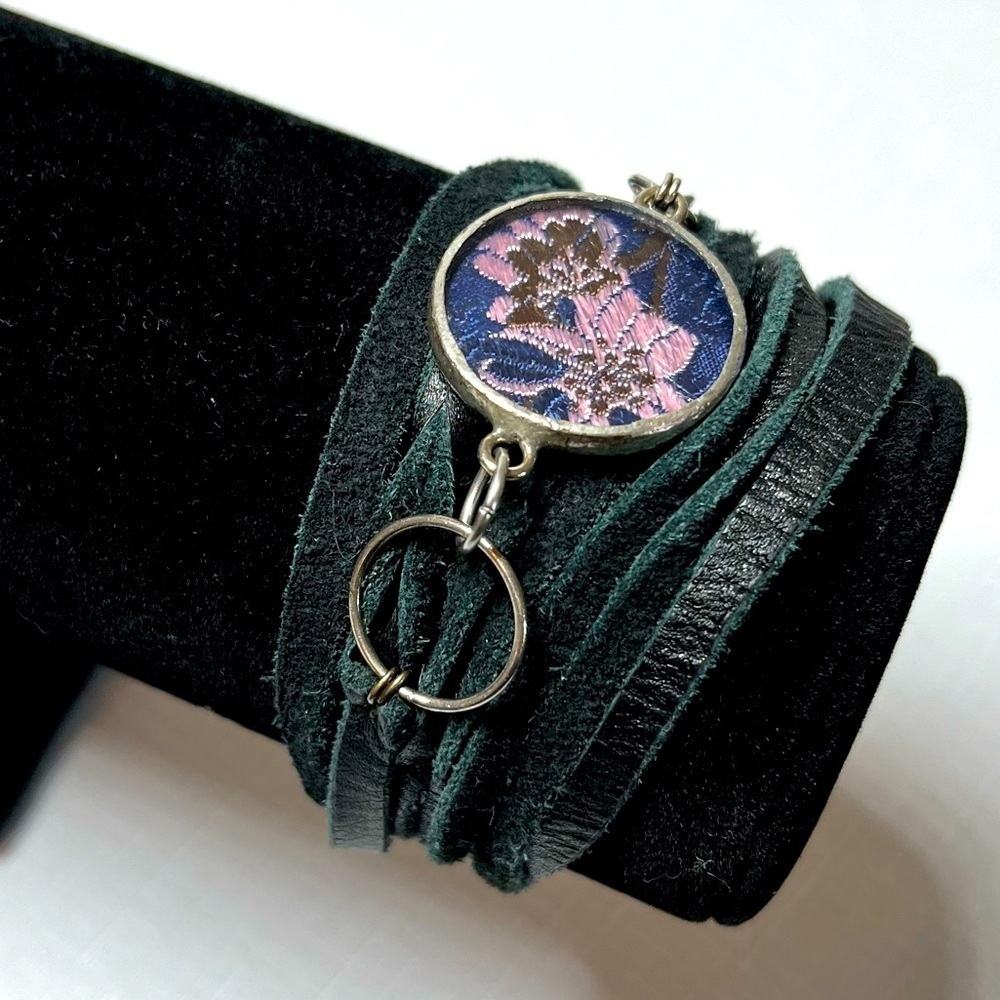 Handmade triple black leather wrap bracelet. Sterling Silver. Silk floral fabri